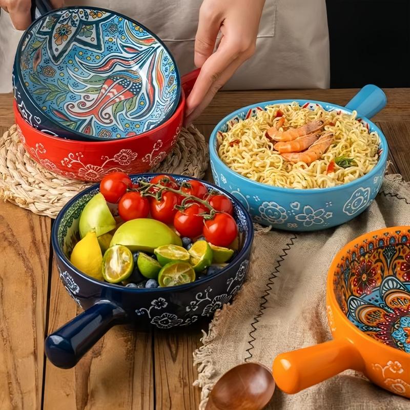 Boho Style Ceramic Salad Serving Bowls with Handle, 2 Counts/set Colorful Flower Pattern Bowl, Microwave & Oven Safe Bowl for Home Baking & Serving, Dinnerware Boho Style Ceramic Salad Serving Bowls with Handle, 2 Counts/set Colorful Flower Pattern Bowl, Microwave & Oven Safe Bowl for Home Baking & Serving, Dinnerware