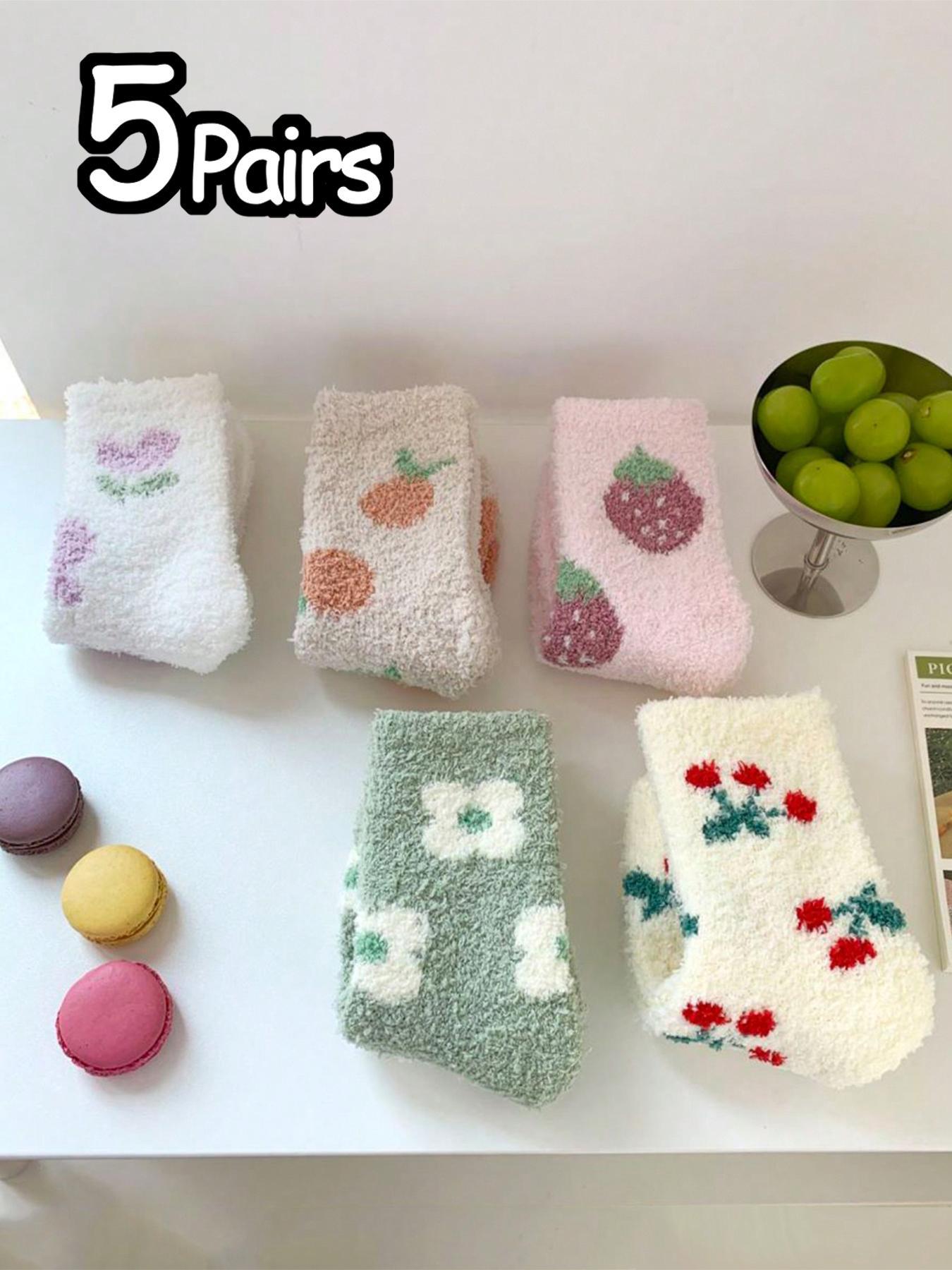 Women's Fruit Print Coral Fleece Crew Socks, Casual Soft Comfy Cute Thermal Socks for Fall & Winter, Women's Socks for Daily Wear