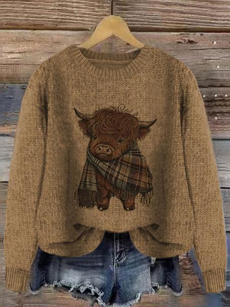 Women's Cartoon Animal Print Round Neck Sweater, Casual Long Sleeve Crew Neck Jumper for Fall & Winter, Fashion Women's Knitwear for Daily Wear, Tops