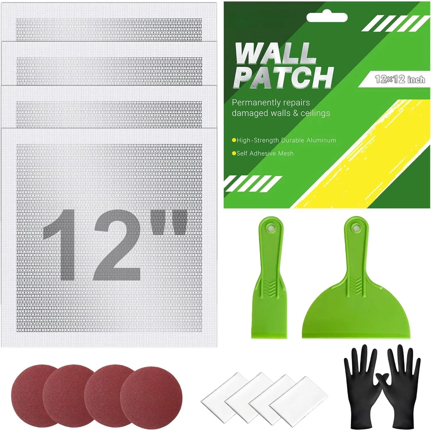 12 x 12 Inch Drywall Repair Kit – 4 count Large Drywall Patch for Wall & Ceiling Holes, Heavy-Duty  Self-Adhesive Mesh, Includes Plastic Drop Cloths, Scrapers, Sandpaper & Gloves - Quick Fix