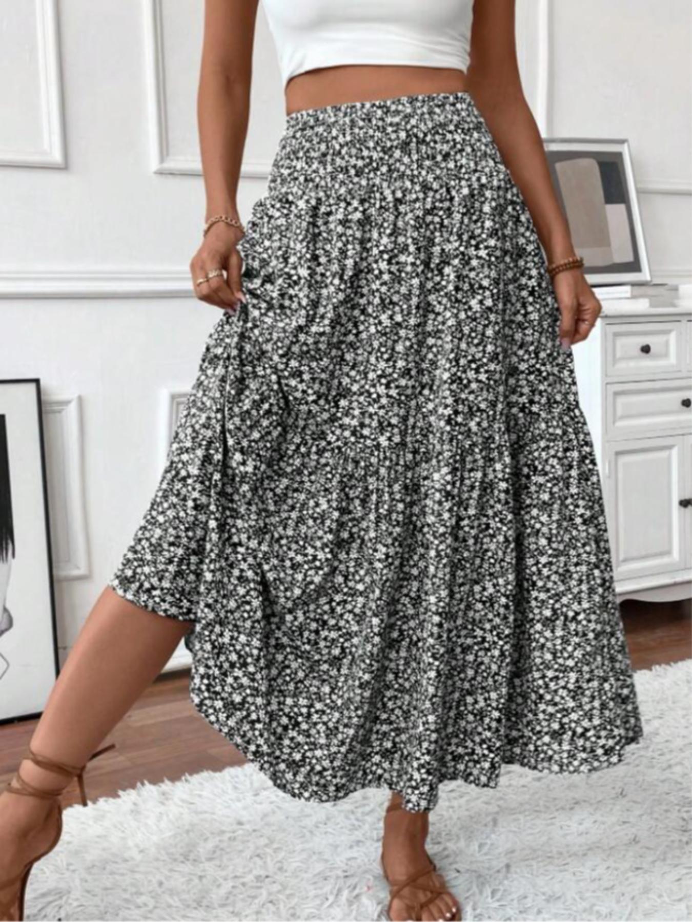 Women's Ditsy Floral Print Elastic, Boho Casual Skirts, Fashion Casual Long Skirt for Daily Holiday Vacation Wear, Ladies Bottoms for Summer