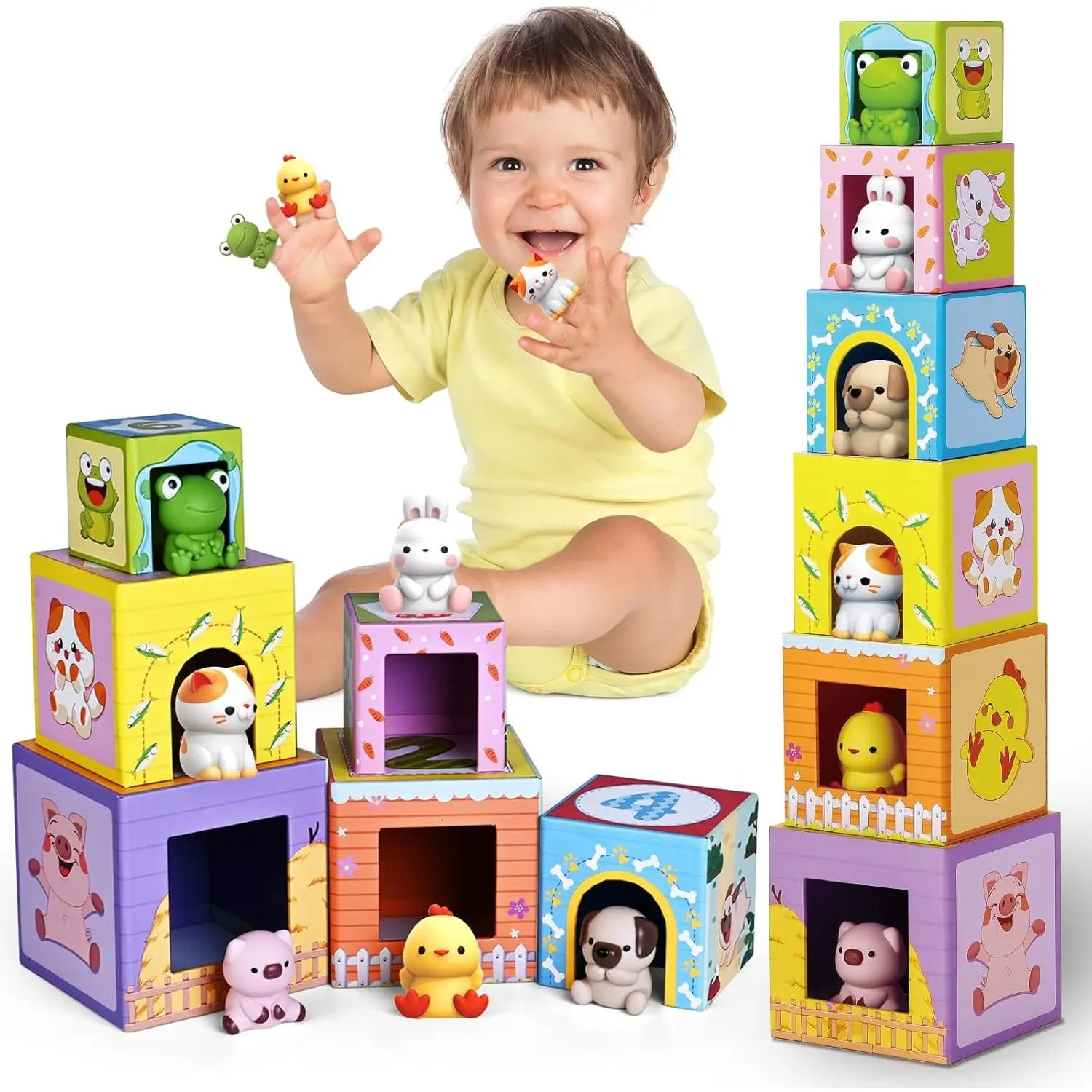 Toddler Farm Animal Sorting and Stacking Toys, Nesting Boxes and Blocks With Finger Puppets - Gifts for 1-3 Year Oldsfidget toys