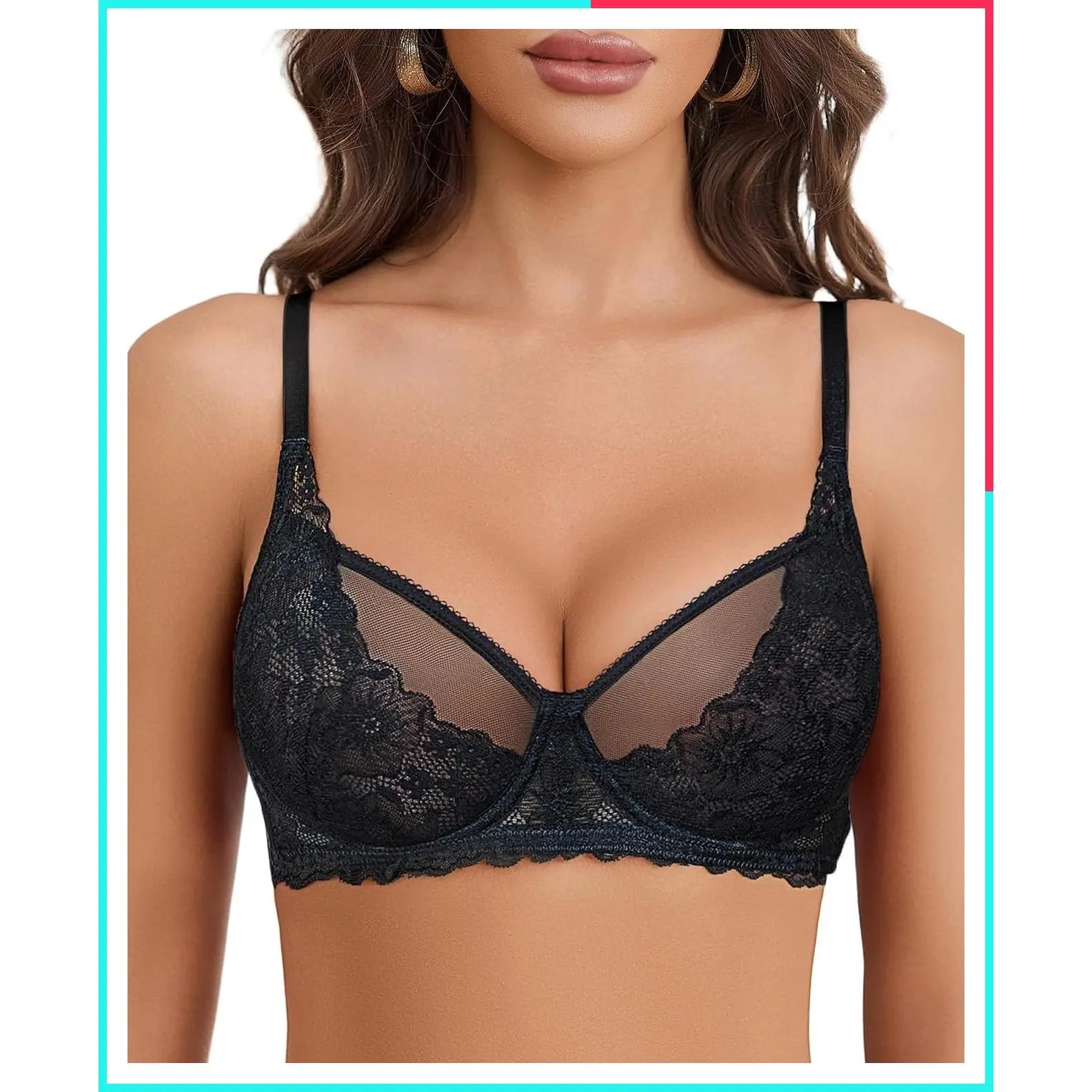 Women's Lace Underwire Bra Sexy Unlined Mesh Bralette Full Coverage Lingerie Everyday Bra