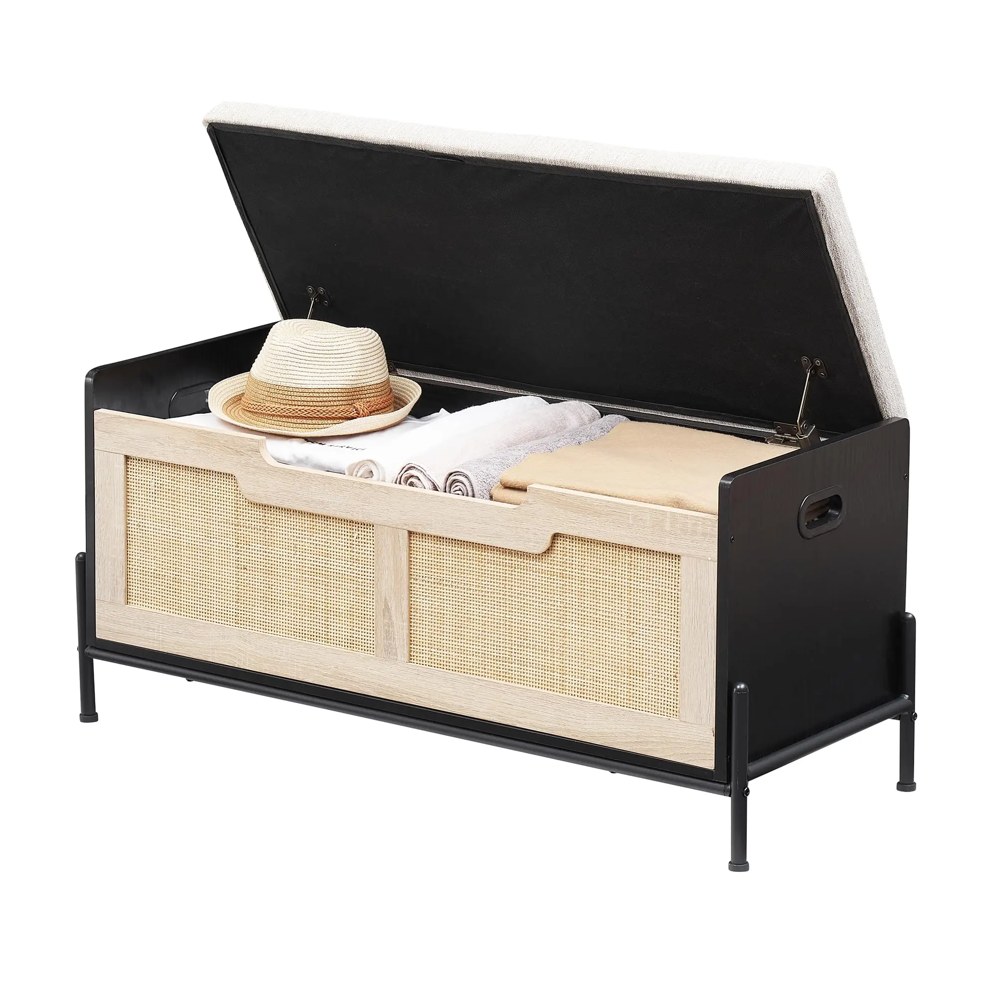 GARVEERattan Storage Bench with Padded Seat, Dual Security Hinges, and Shoe Storage for Living Room, Bedroom, Hallway, 100x40x48 cm, Supports up to 120 kg