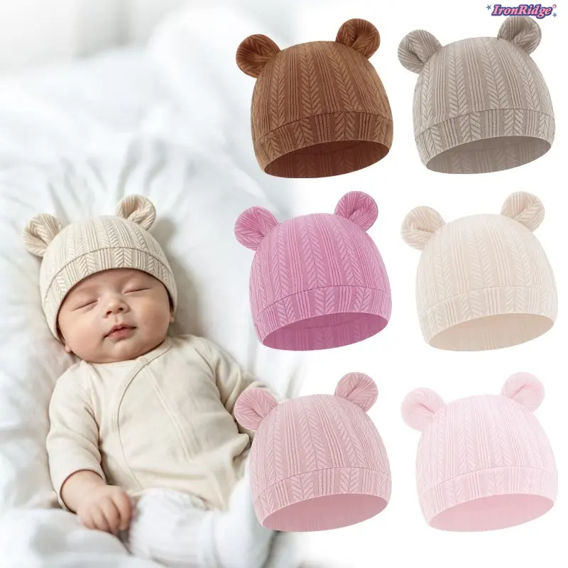 Solid Color Knit Baby Beanie Hat, Wheat‑Stitch Mickey Ear Newborn Hat, Soft Double‑Ear Infant Cap, Cozy Lightweight Toddler Headwear for Spring Autumn Daily Wear & Newborn Photography Props
