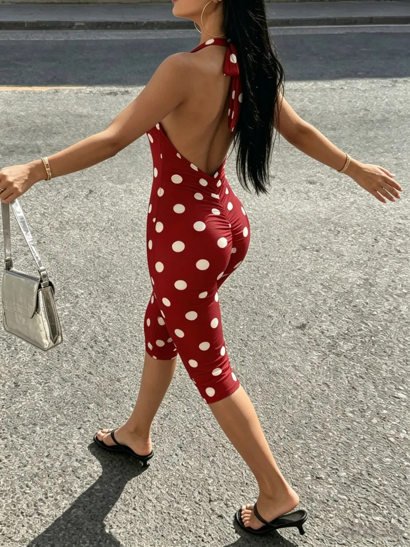 T2472 Luxury Lightweight Dotted Print Ruched Casual Active Jumpsuit For Women, Relax Streetwear, Multi-Occasion Summer Travel Date Outdoor Fit.