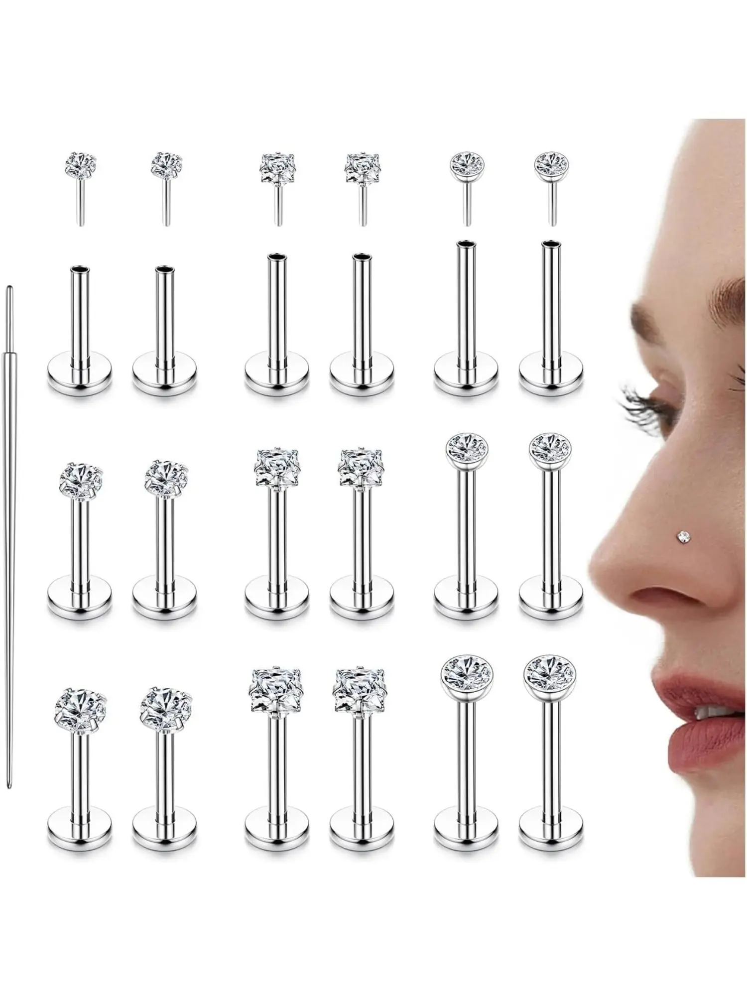 18 Pcs Threadless Nose Rings Studs for Women Men 18G 16G Hypoallergenic Surgical Stainless Steel Labret Lip Rings CZ Opal Push in Earrings Flat Back Nose Stud Nose Bone Jewelry Cartilage Nostril Conch Helix Tragus Piercing Jewelry