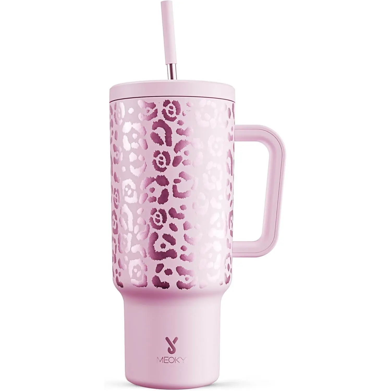 Meoky 40 oz Tumbler with Handle and Straw, Tumbler with Lid and Straw, Insulated Stainless Steel Travel Mug, 100% Leak-proof, Keeps Cold for 34 Hours or Hot for 10 Hours (Pink Leopard)