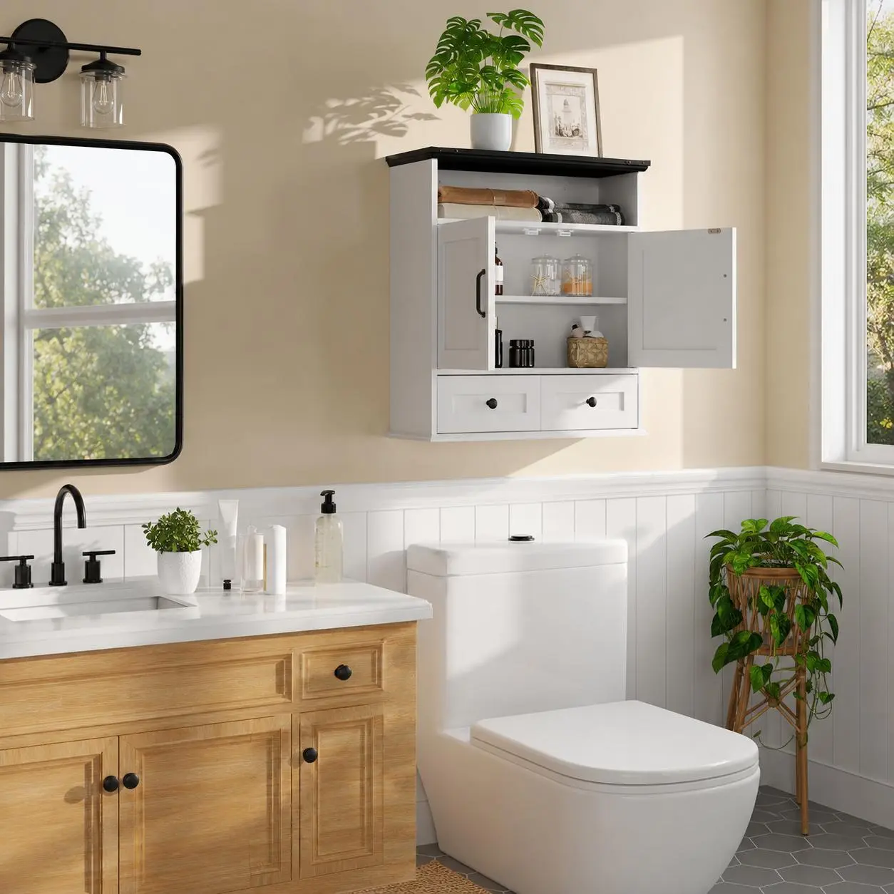 Wall Mounted Bathroom Cabinet with Barn Doors – Medicine Cabinet Over Toilet, Adjustable Shelf & Drawer, Versatile Storage for Bathroom, Kitchen, Laundry, Entryway, 25x23.6x9 Inches