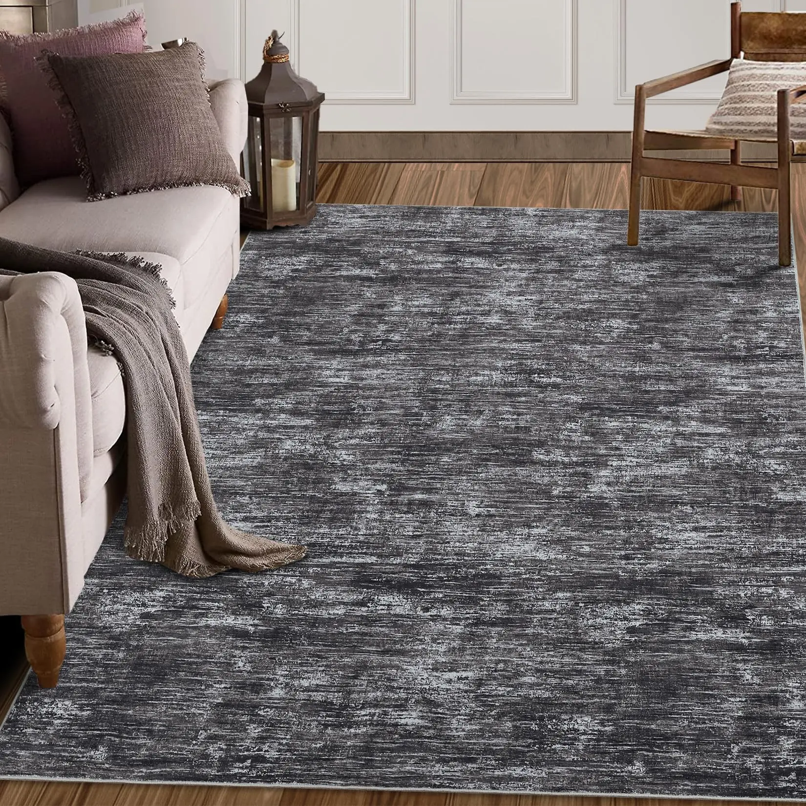 Machine Washable Abstract Solid Area Rug, Non Slip Stain Resistant Soft Velvet Carpet for Living Room Bedroom, Dark Grey Beige Camel Brown Light Gray, Available in Multiple Sizes 2x6 to 10x13