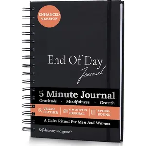 End of Day Journal - Day by Day 5 Minute Daily Gratitude & Self Reflection Journal 2026 for Women & Men, Guided Mindfulness, Happiness & Self Care, Undated Spiral with Vegan Leather Cover