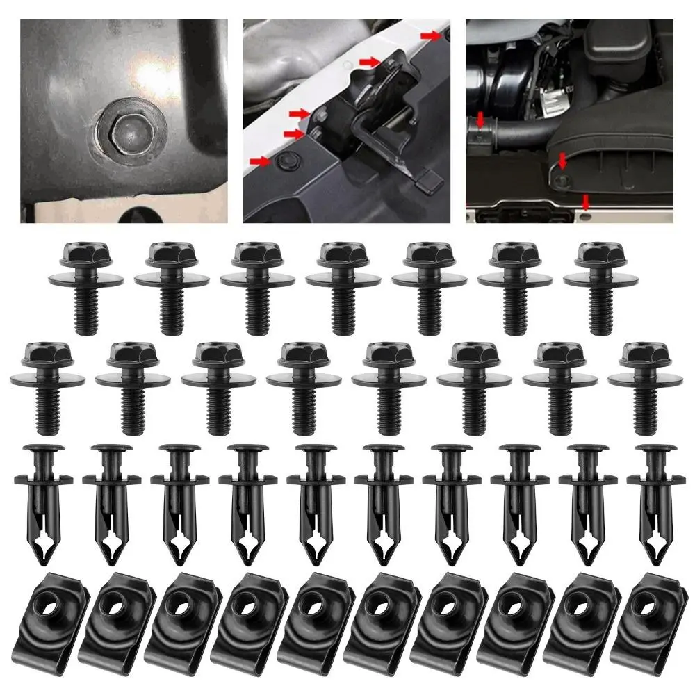 Metal Body Bolts & U-Nut Clips for Hyundai, 15pcs Body Bolts with Built-in Fender Washer, 10pcs Extruded U-Nuts, 10pcs Nylon Push Clips, Easy to Use and Replace for M6 Engine Under Cover Splash Shield Guard, Carbon Steel, Anti-Rust