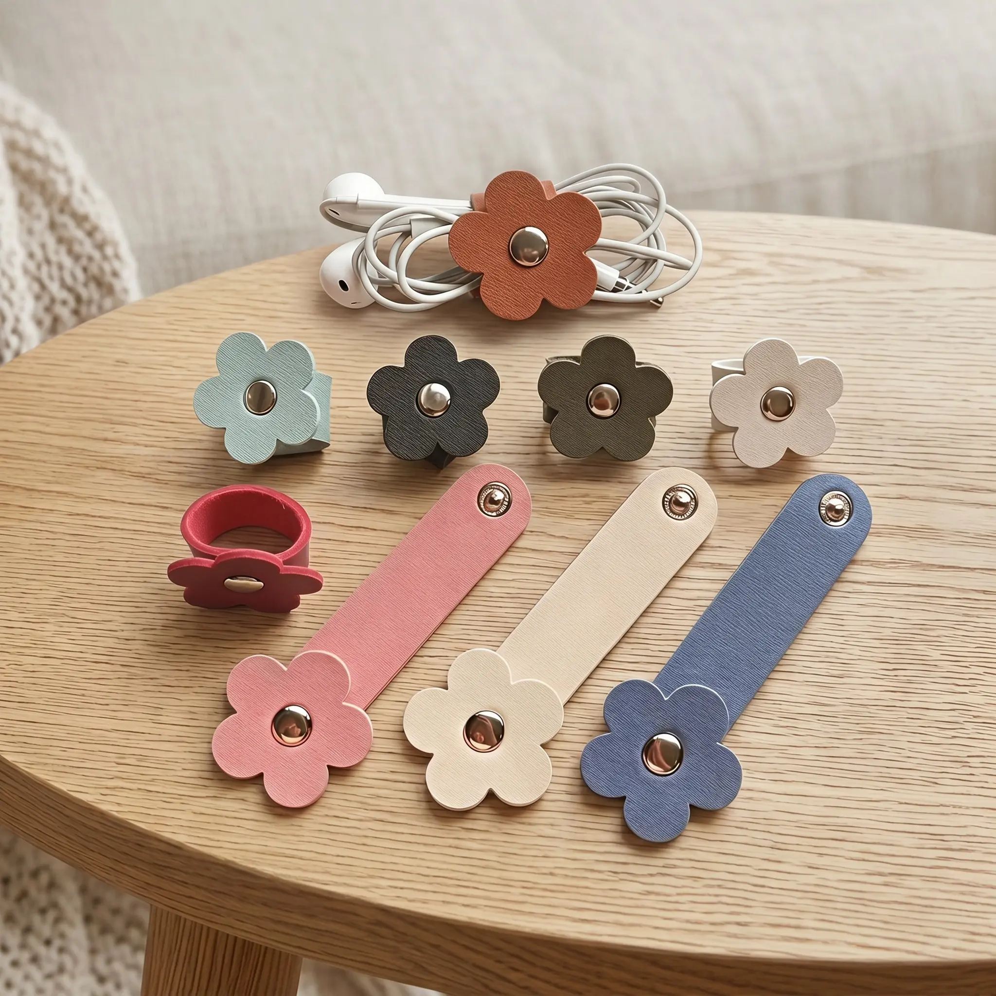 3 pcs Random Color Flower Shaped Cable Organizer, PU Leather Cable Organizer, Earphones Headphones Cable Winder Organizer, Desk Organizer for Home Office-YY1
