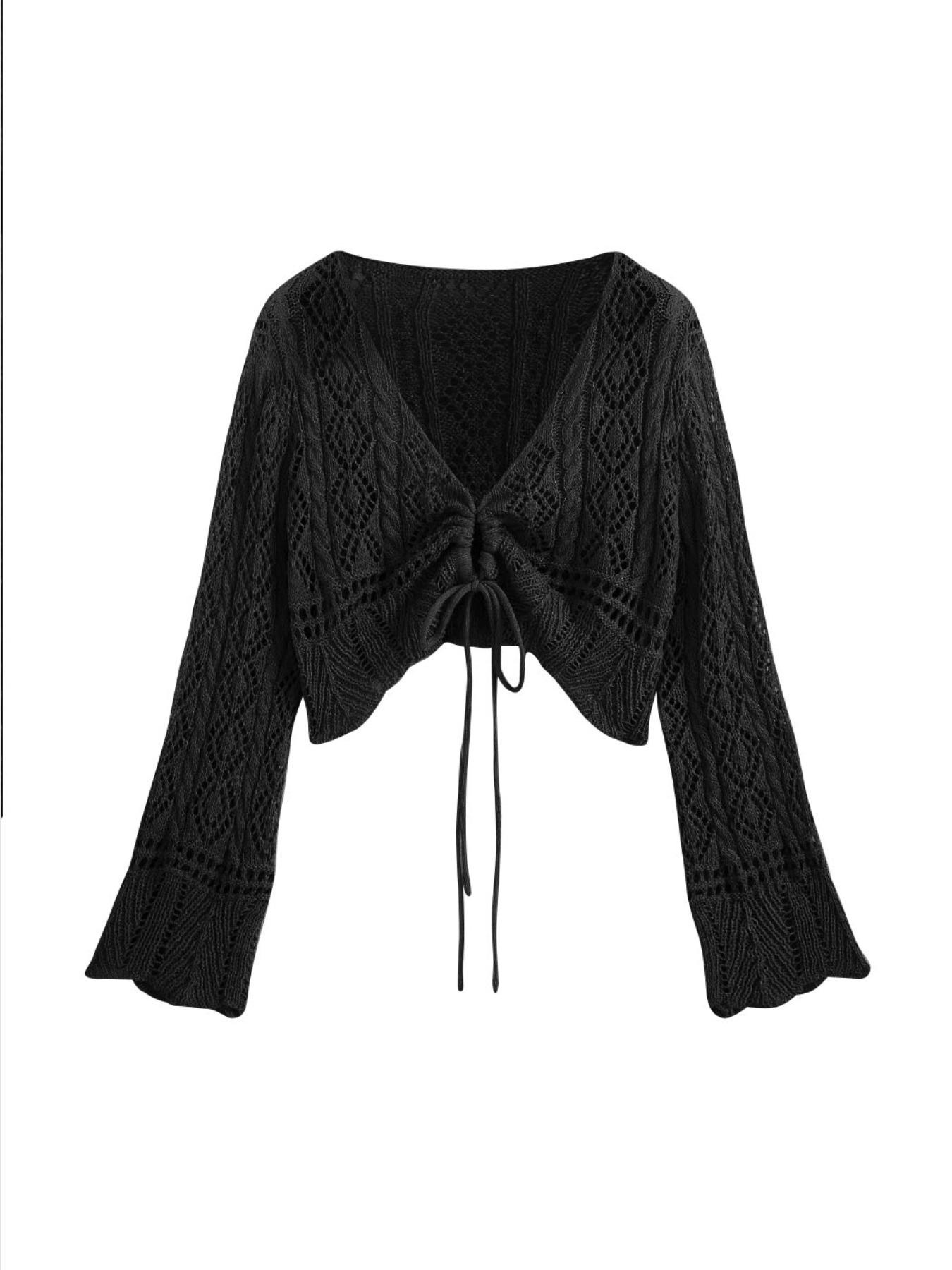 【Plus Size】 Hollow Out Drawstring Sheer Cardigan, Casual Flounce Sleeve V Neck Knitwear Top for Spring & Fall, Women's Plus Clothing for Daily Wear