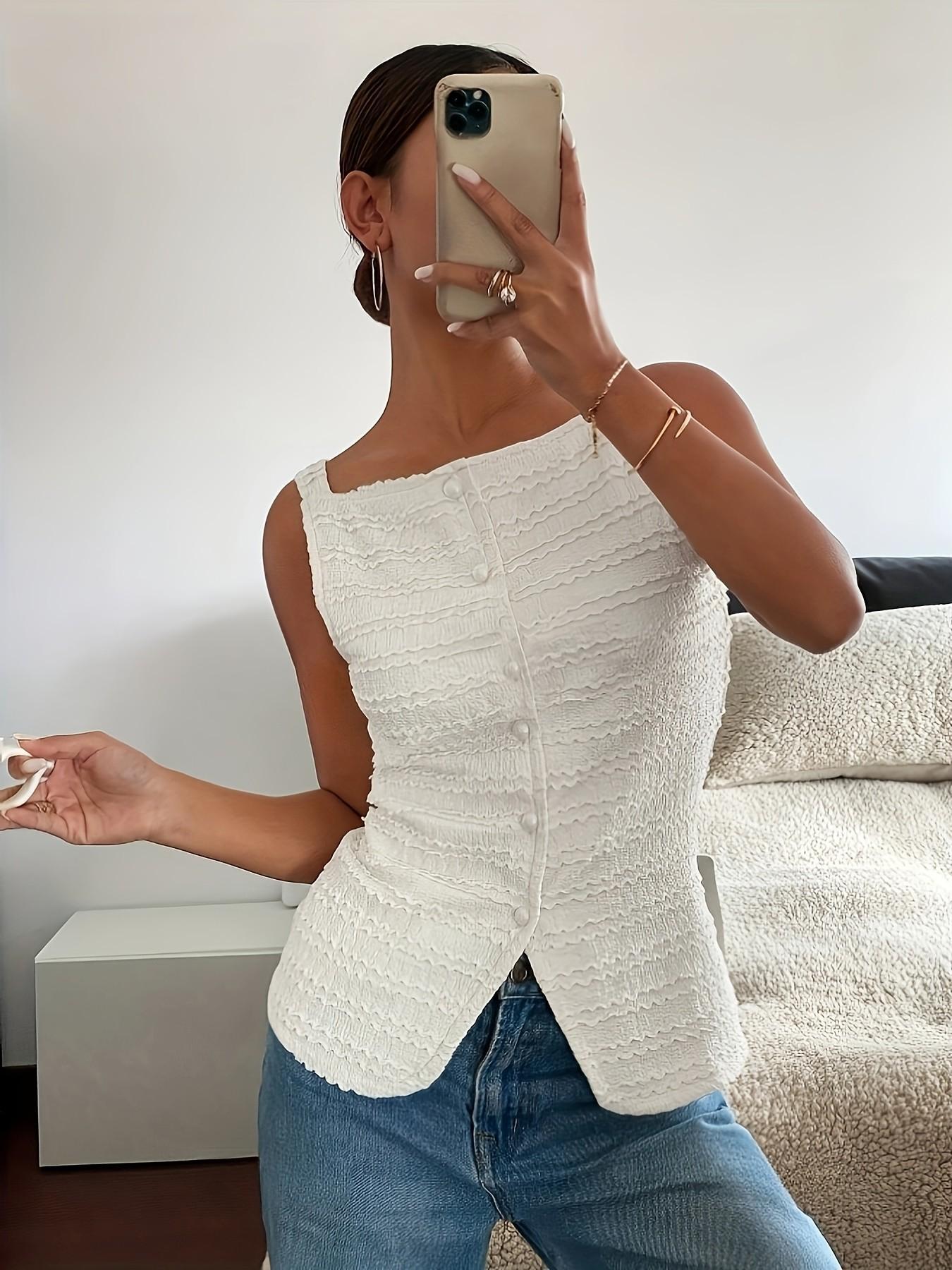 Women'S Plain Button Front Vest Top, Elegant Fashion Casual Sleeveless Outerwear For Daily Outdoor Wear, Women Clothing For Summer