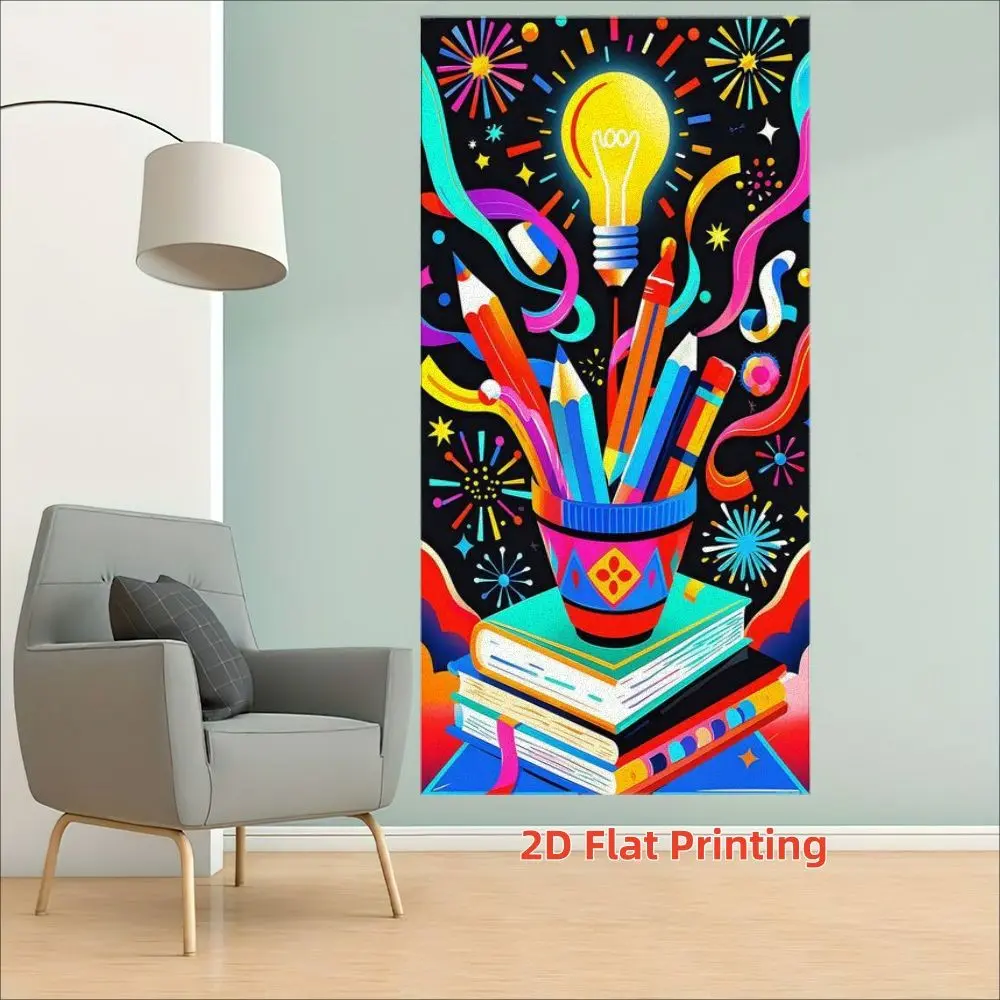 2D flat banner 1pc colorful light bulb creative art banner, painted pencil book printing decorative door cover, suitable for campus graduation party decoration door curtain during the beginning of school season,