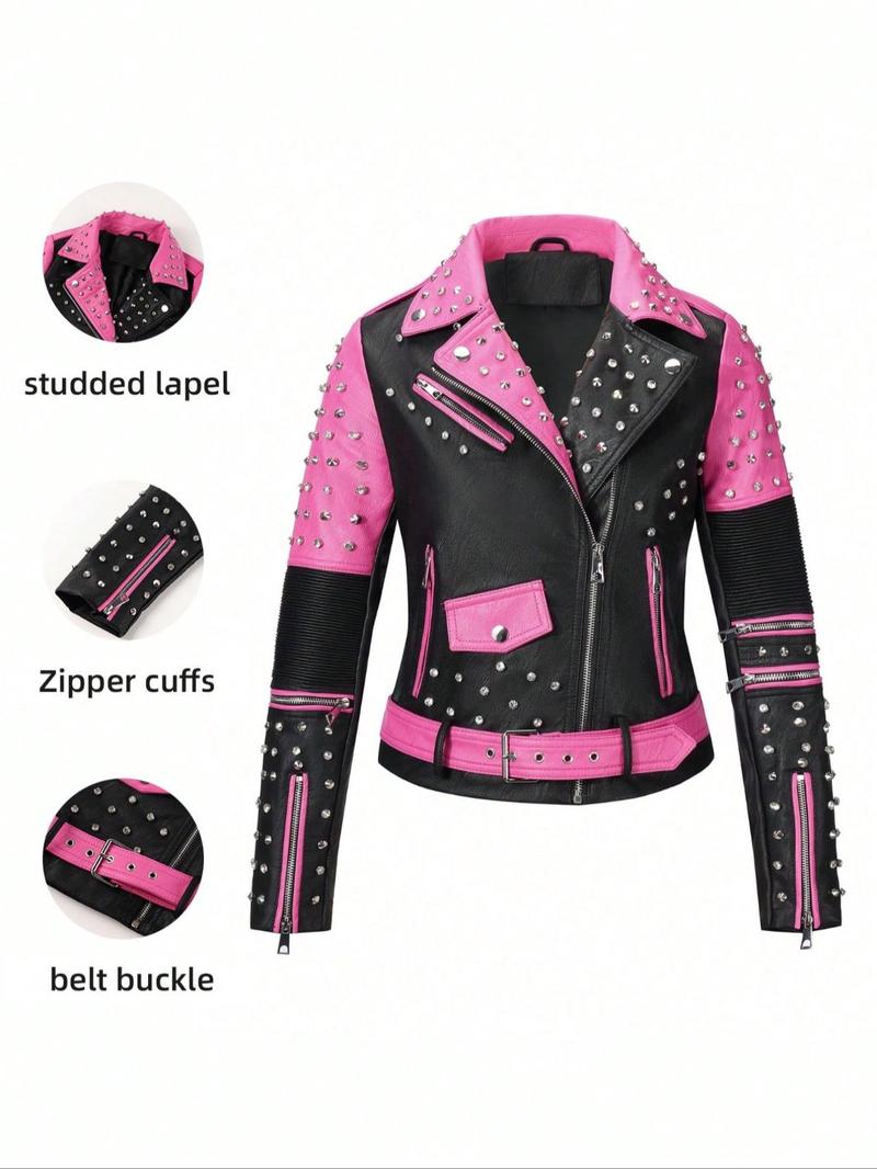 Women's Spring Autumn Jacket with Belt, Casual Vintage Simple Motorcycle Jacket, Rivet Coat with Pockets and Asymmetrical Zipper, Zip Front Jacket