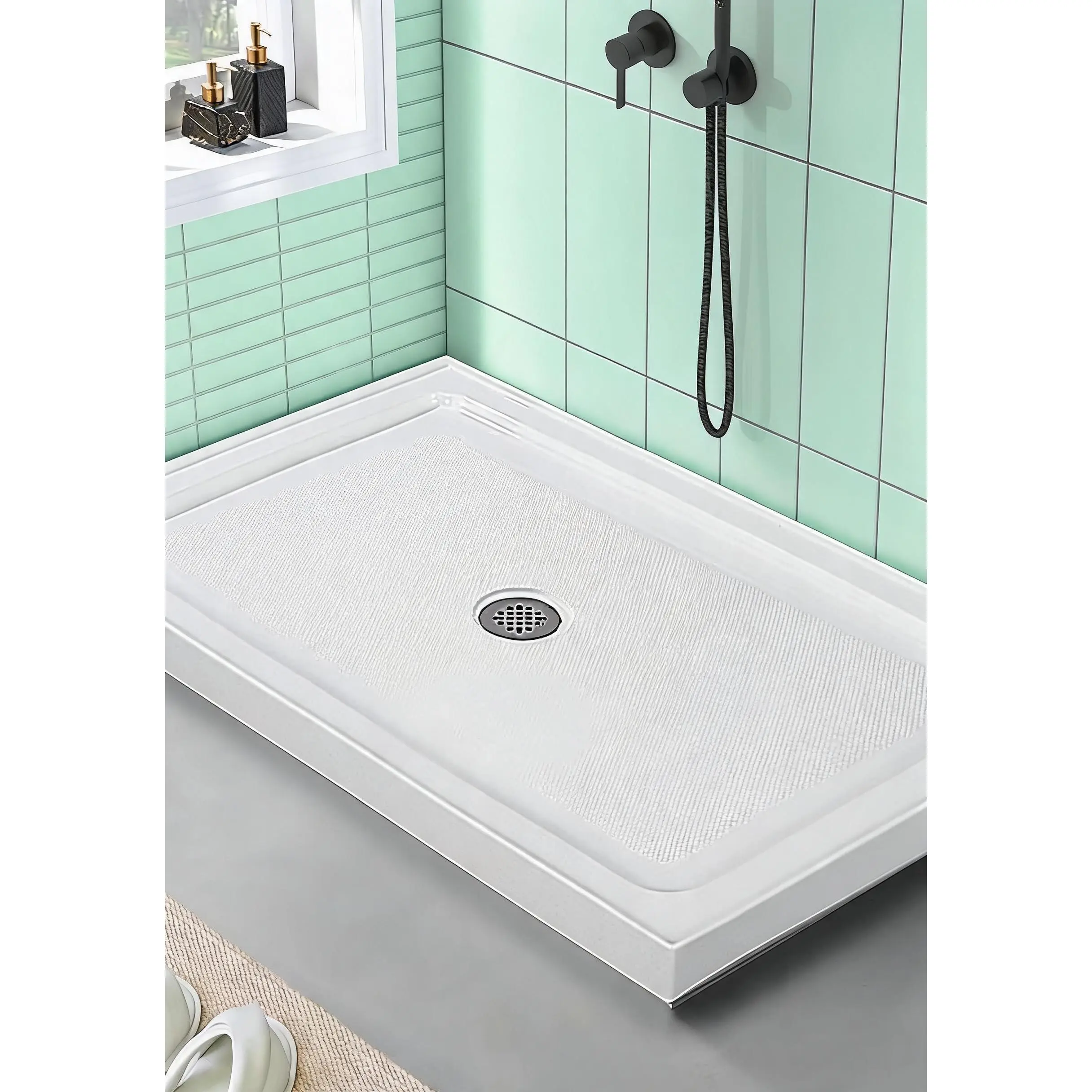 Rectangular Acrylic Shower Base with Center Stainless Steel Drain, Non-Slip Textured Surface, Easy to Clean, Available in 32"x48" and 60"x32" Sizes for Modern Bathroom Floors
