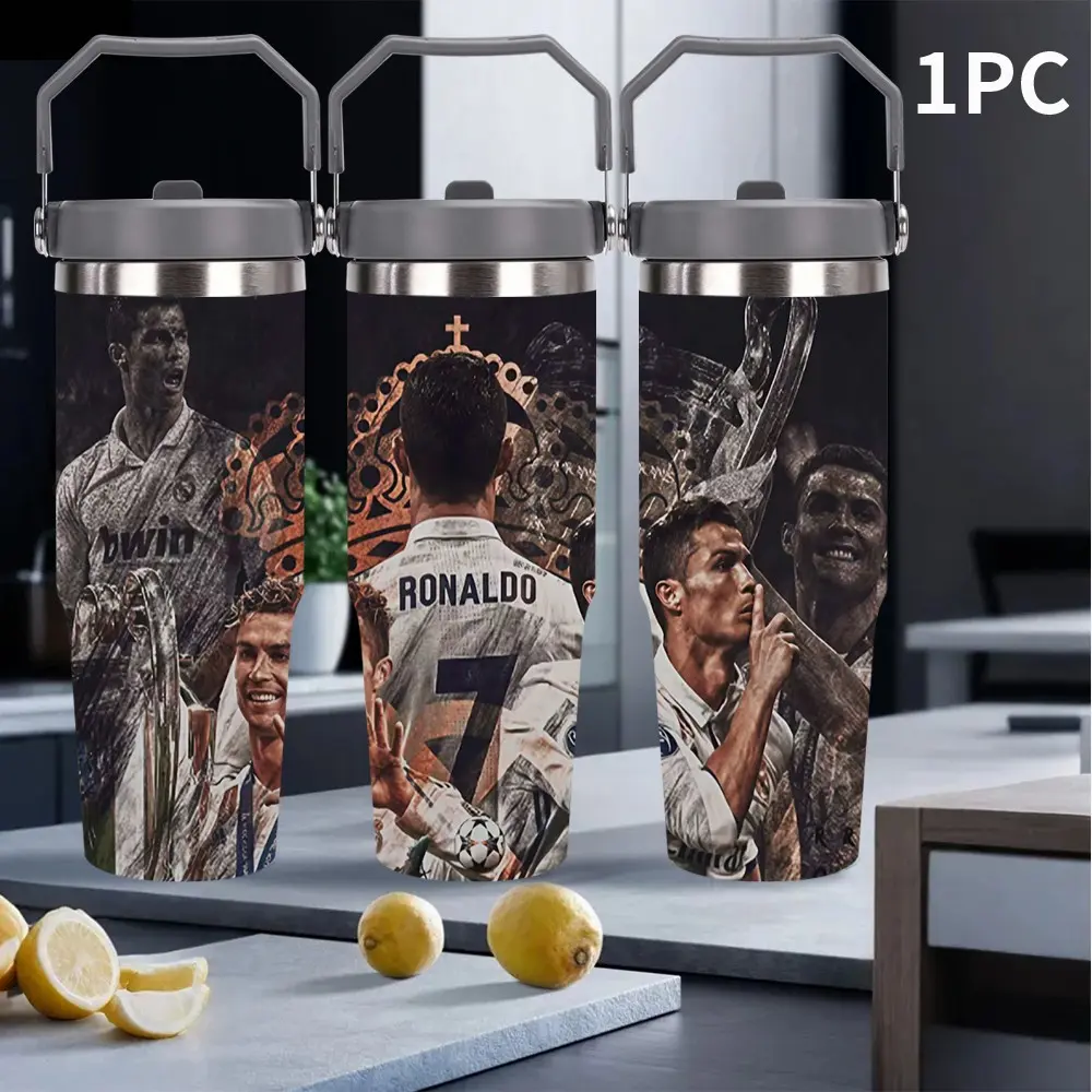 1pc Cr7 Ronaldo Classic Print Insulated Cup, 304 Stainless Steel, Long-Lasting Heat/cold Retention, Large Capacity Car Cup, Football Fan Gift