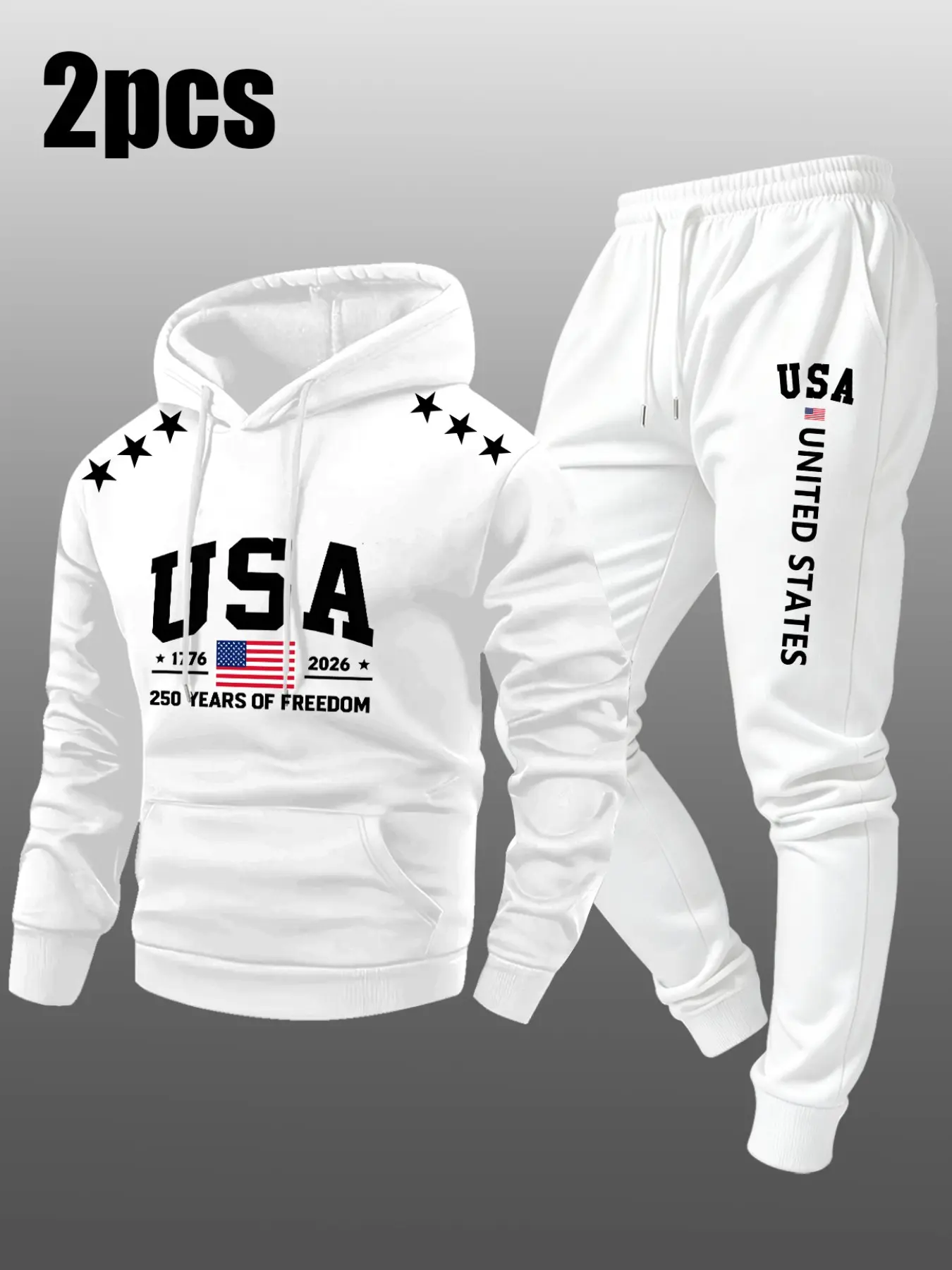 2 Pcs Men Drawstring Hoodie & Cuffed Jogger Pants Matching Tracksuit USA Freedom Text Star American Flag Graphic Print Patriotic Casual Streetwear Co-Ord Set For Daily Outdoor Spring Autumn Leisure Workout Outfit#USAPatriotic2PieceTracksuit#viraloutfits