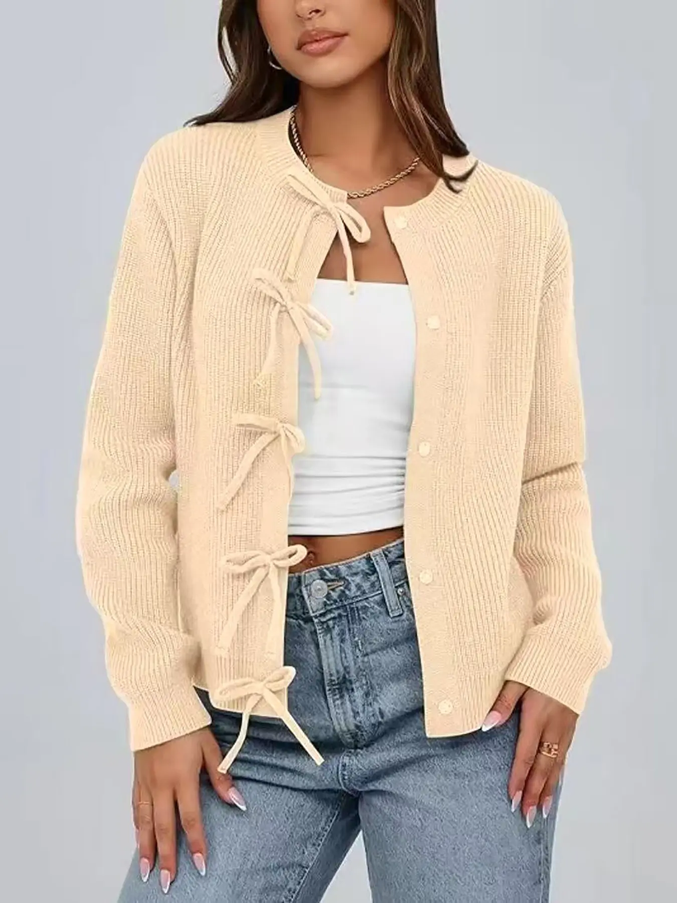 Autumn Winter New Butterfly Tie Front Sweater Women, Solid Color Warm Knit Top, Y2K Style Loose Comfortable Long Sleeve Outerwear