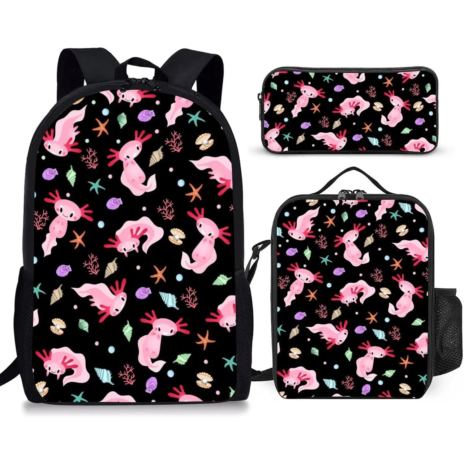 17-Inch Sporty Breathable Axolotl Print 3-Piece Backpack Set (Backpack, Lunch Box, Pencil Case) for Teens, Prop 65 Safe School Trip Supplies, Lightweight Luggage & Bags Set, School Trips