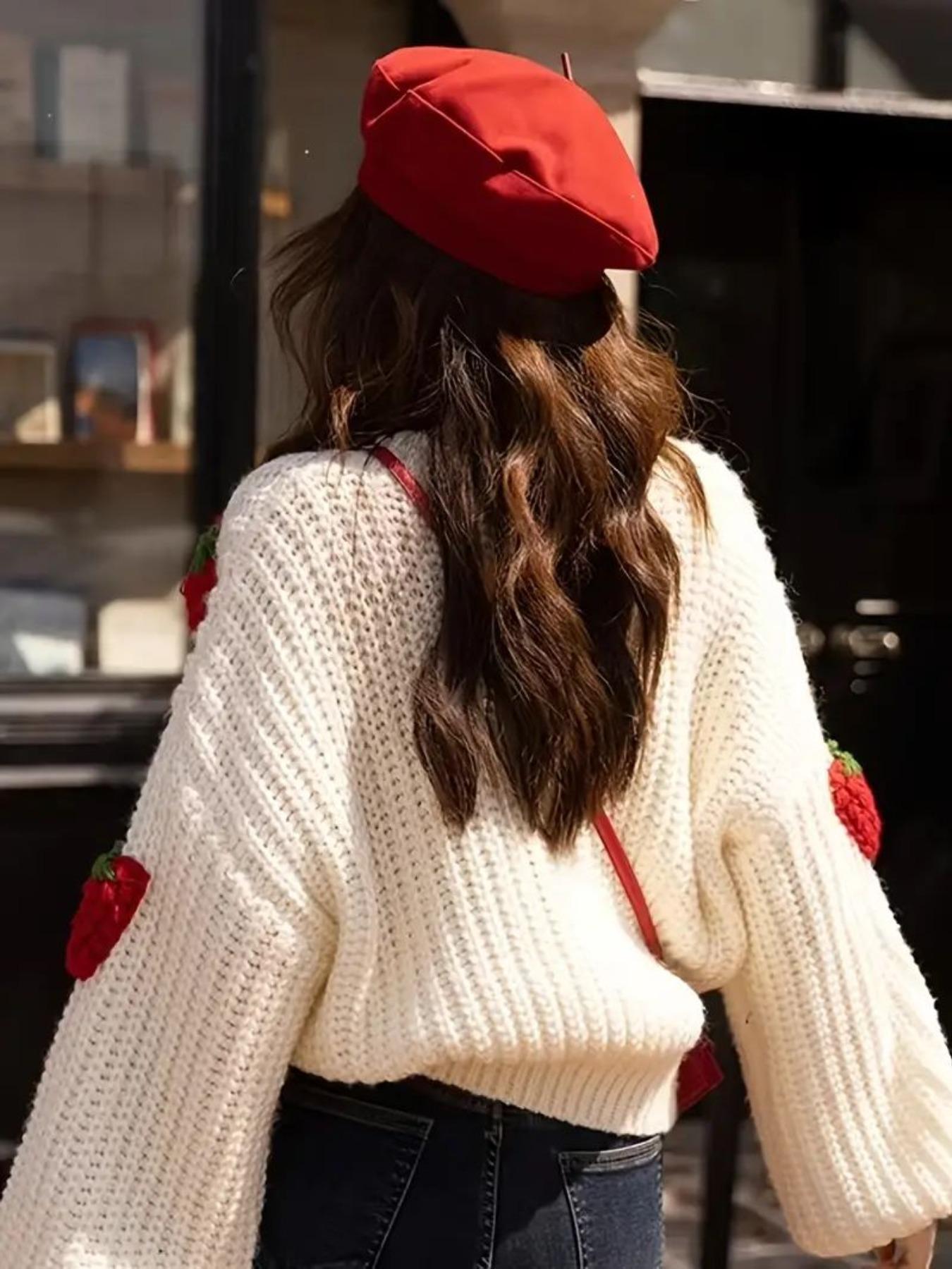 Women's Strawberry Pattern Drop Shoulder Sweater, Casual Long Sleeve Round Neck Jumper for Fall & Winter, Fashion Ladies' Knitwear for Daily Wear, Going Out Tops, Sweaters for Women