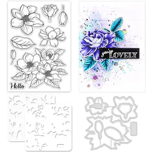 ORIGACH Realistic Magnolia Flower Stamps and Die and Layering Coloring Stencil Bundle for Card Making Album Arts Crafts Supplies