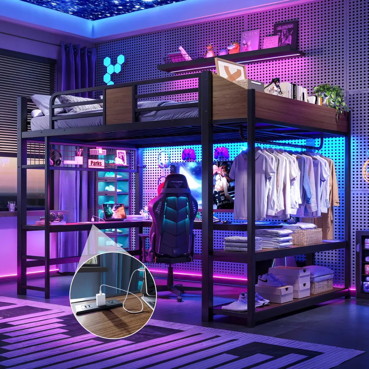 Full Size Heavy-Duty Metal High Bed Frame - L-Shaped Desk, Clothing Hanging Rod, Multi-Layer Storage Shelves, LED Light Strip, USB Charging Ports, No Box Spring Needed, Indoor Bedroom Furniture for Teens