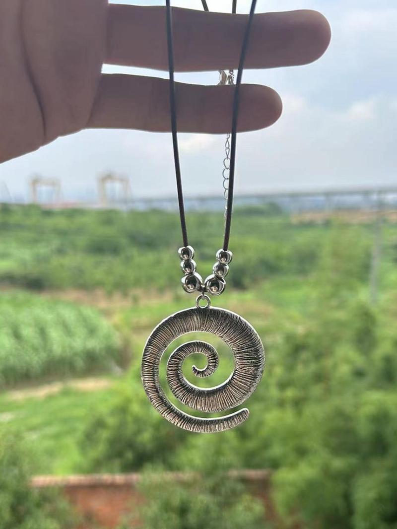 Women's Vintage Spiral Design Pendant Necklace with Leather Cord, Boho Chic Jewelry, Mexican Necklaces, Charm Necklace, Statement Necklace, Necklaces for Women, Vintage Bohemian Jewelry, Boho Style Jewelry
