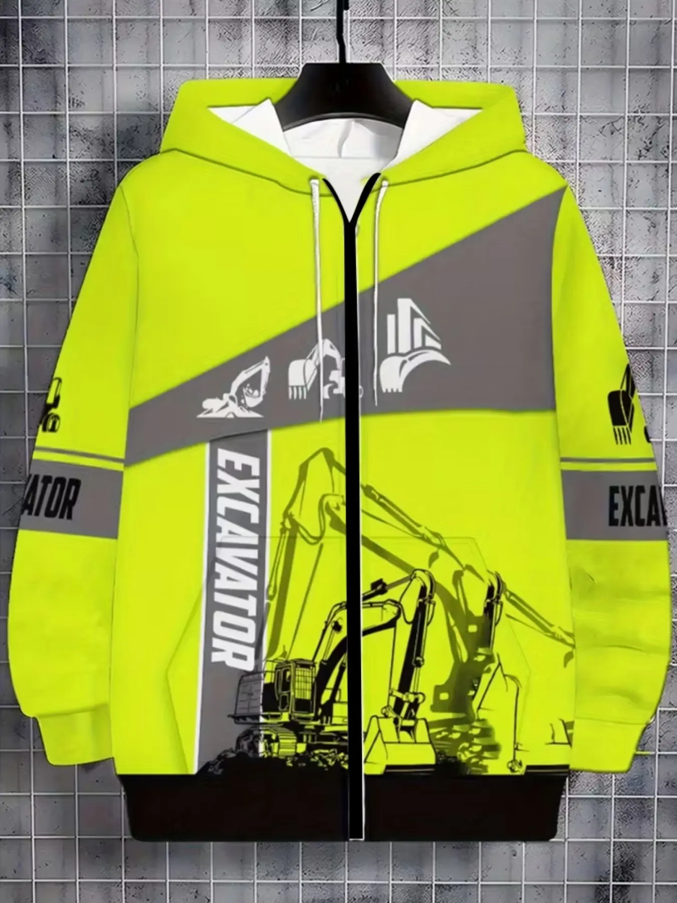 Men's Zipper Hooded Jacket, Fluorescent and Stripes, Excavator Full Print, Engineering Theme, Casual Loose-Fit Hoodie