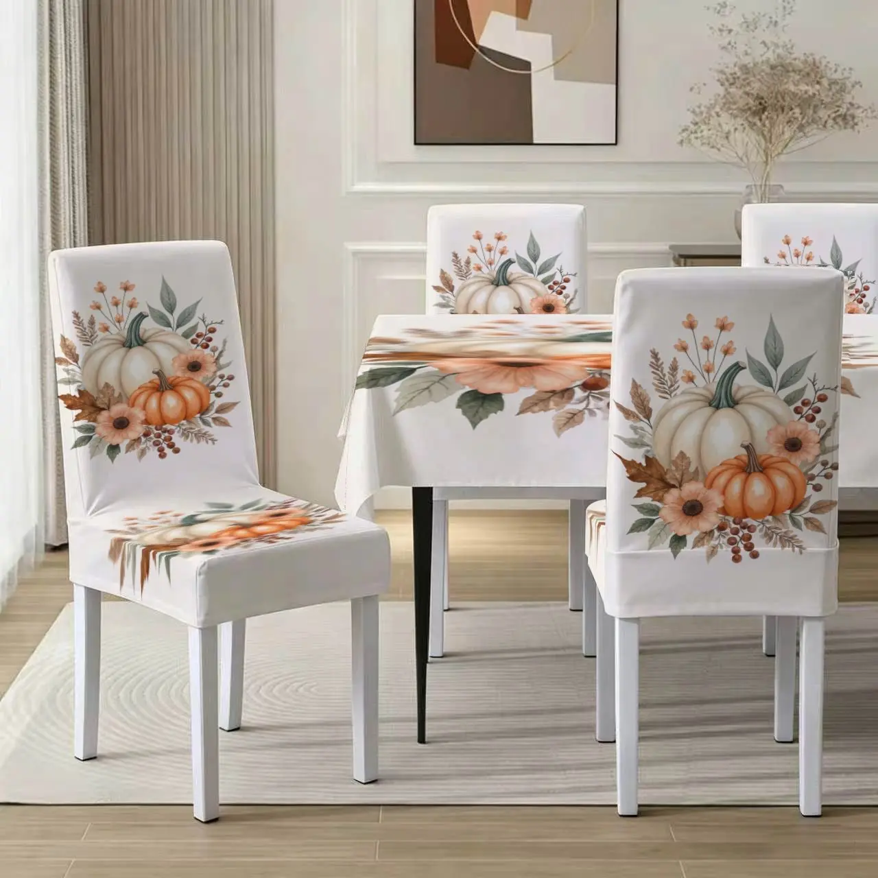 5/7-Piece Thanksgiving Pumpkin Tablecloth Chair Cover Set, Non-Slip Dining Decor, Perfect for Family Gatherings, Restaurants, Parties, Chair Covers For Dining Chairs, Chair Covers Set