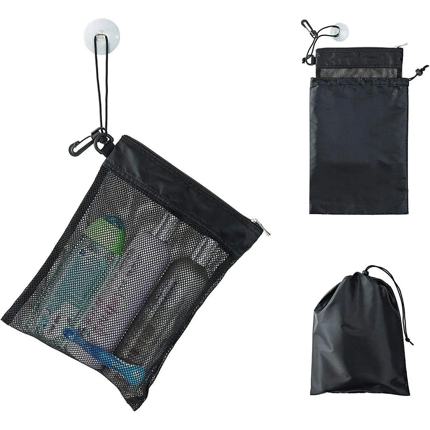 Shower Bag Tote, Mesh  Toiletry Organizer 12”L x 9”W, Compact and Lightweight With Suction Cup, Cord for , Zipper and Drawstring Pouch 14”L x 10”W, Black