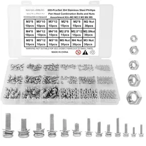 600 count Machine Screws  Kit, M2 M2.5 M3 M4 M5 Phillips Pan   and Nuts Set Kit, 304 Stainless Steel Metric Combination Screw with Fixed Washers (-in- Design) for DIY Projects
