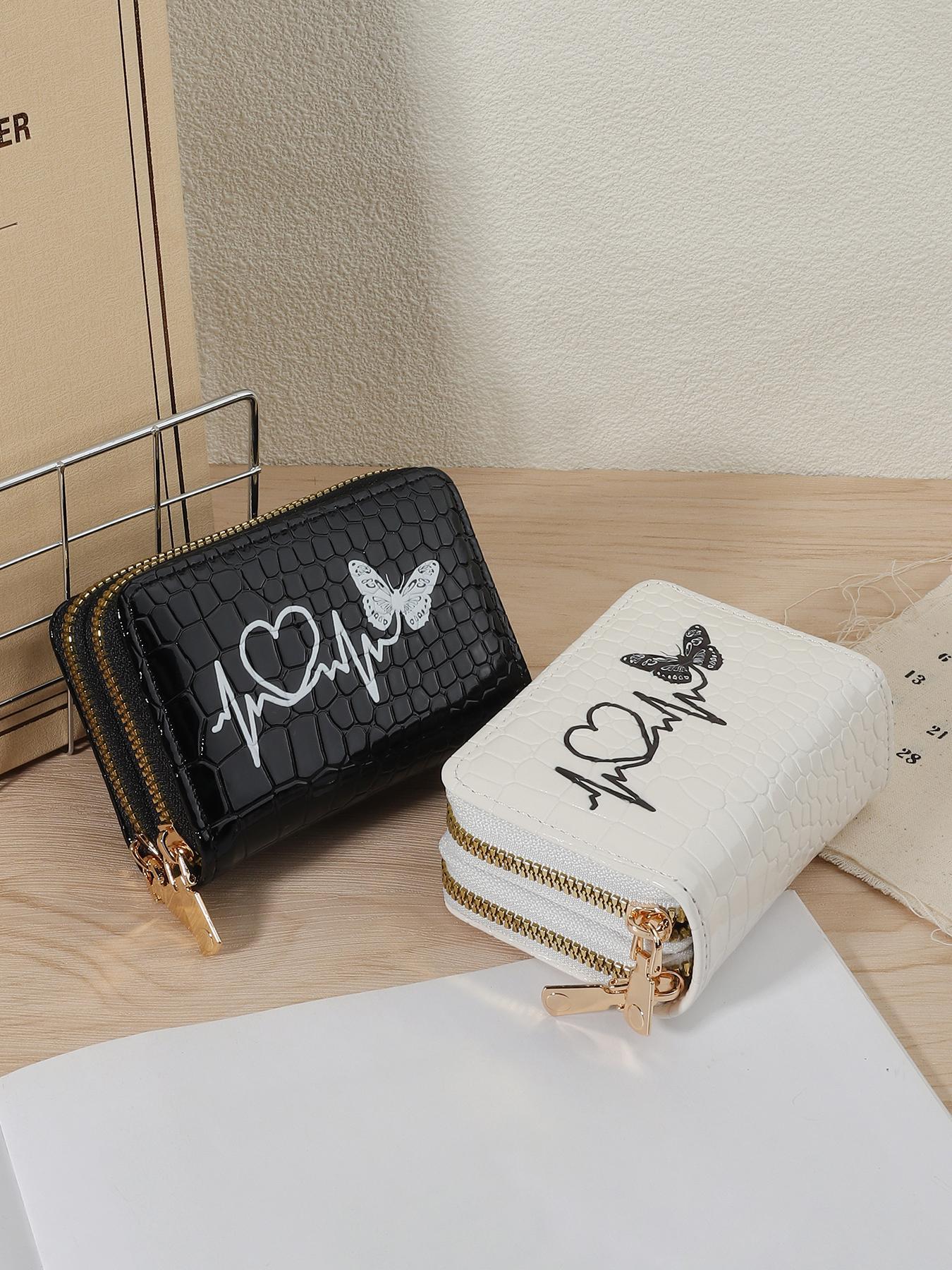 Fashionable Butterfly & Heart Pattern Card Holder, Minimalist Double Zipper Portable Short Wallet, Large Capacity Multifunctional Card Bag, Cardholder, Exquisite Cardholder, Card Organizer