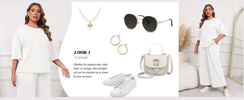 【1XL-5XL】Plus Size Curve Imily Bela Curve Womens Plus Size 2 Piece Outfits 3/4 Sleeve Tops and Wide Leg Pants Loungewear Pajamas Sets