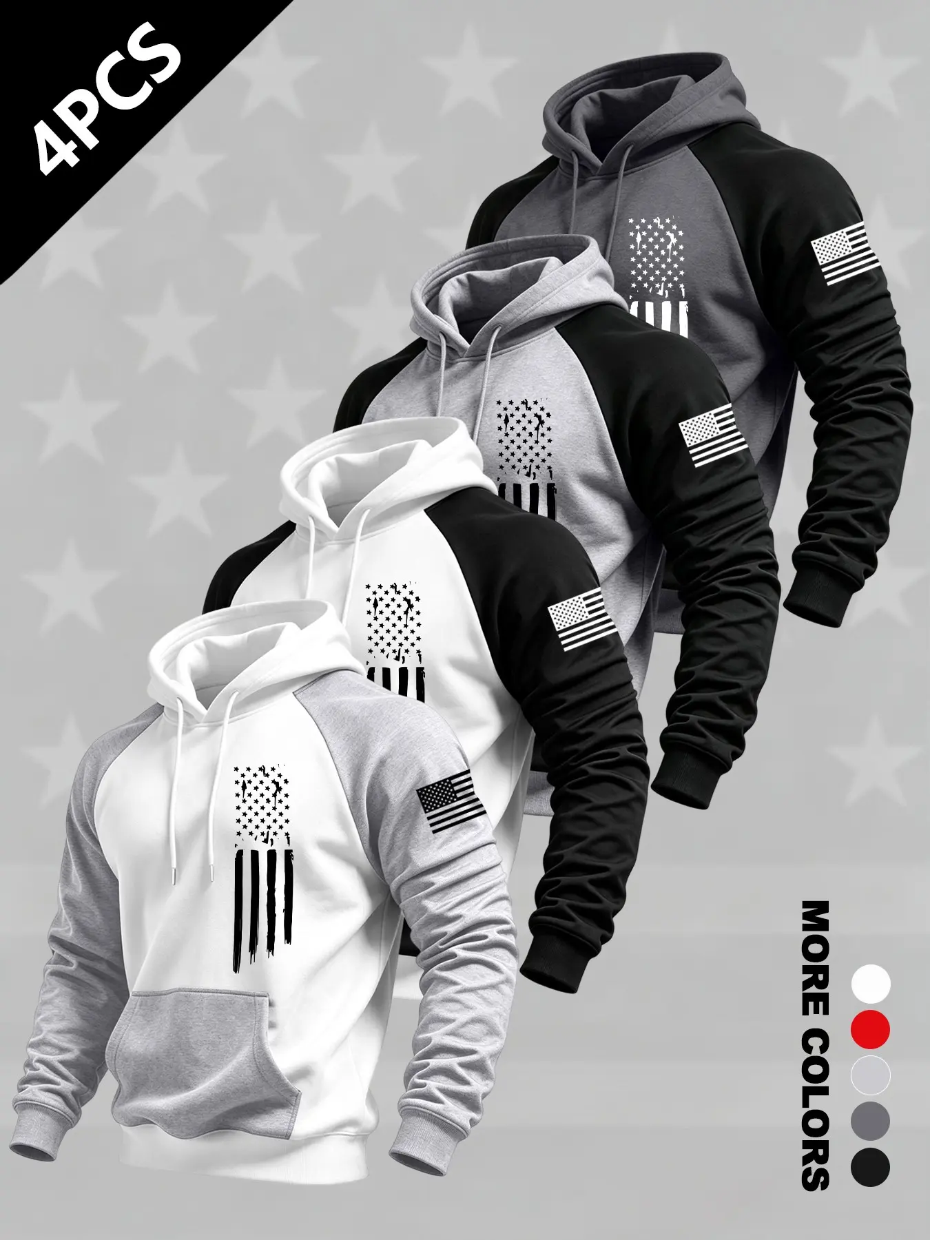 4-Pack Men's Fall Winter Retro Patchwork Hoodie, Long Sleeve Fitted Sweatshirt, Multiple Colors, Daily Commute, Outdoor Hiking