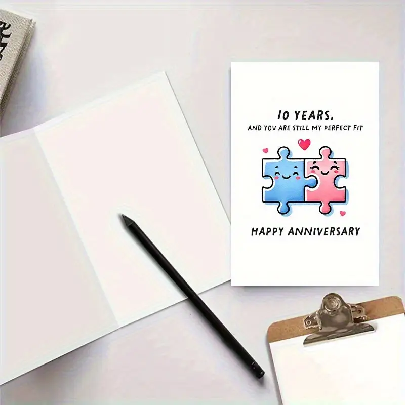 1 romantic anniversary greeting card with a heart-shaped pattern made of blue and pink puzzle pieces, for Valentine's Day and anniversary celebrations