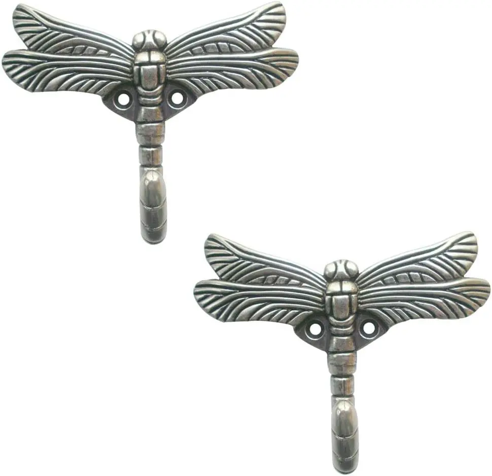 2pcs Alloy Metal Dragonfly Coat Hooks, Decorative Wall-Mounted Hangers for Home Handbag, Key, Towel Storage (Ancient Silver)