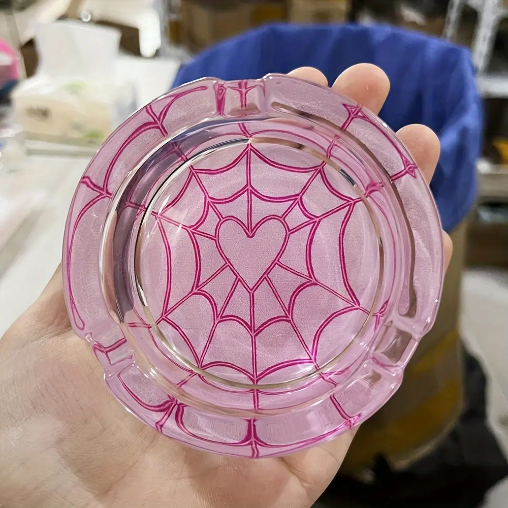 1 elegant pink spider web glass ashtray with circular design, perfect for office, living room, and hotel decoration - perfect for Halloween and birthday gifts, elegant home decor | glossy ashtray, spider decoration