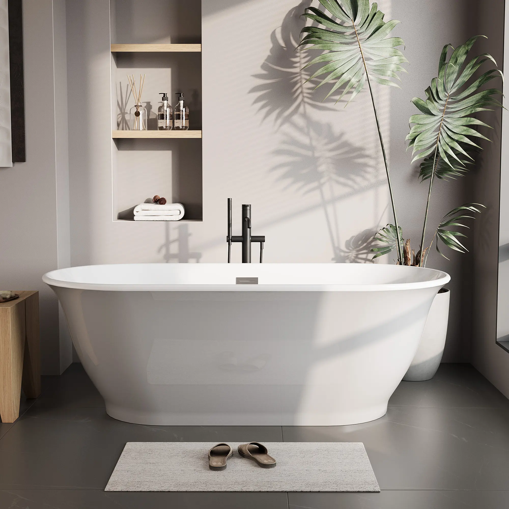 59-Inch (1500mm) Modern Freestanding Acrylic Oval Bathtub, Glossy White Exterior, Grey Interior, Chrome Pop-Up Drain, Double Wall, Heat Retention, Deep/Overflow Soaking Tub for Master Suite