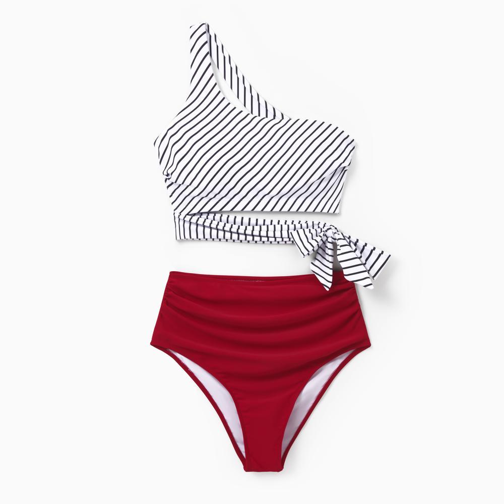 PatPat Family Matching Swimsuits Red Striped One-Shoulder Bikini or Colorblock Swim Trunks Matching Beachwear Outfits for Summer, Cruise, Vacation