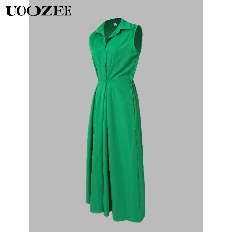 UOOZEE Women's Sleeveless Solid Color Lapel Long Dresses Midi Dresses Long-sleeved Loose Solid Color Lapel Mid-length Dress with Small Waist and Bust, One Size Up Recommended for C - Cup and Above