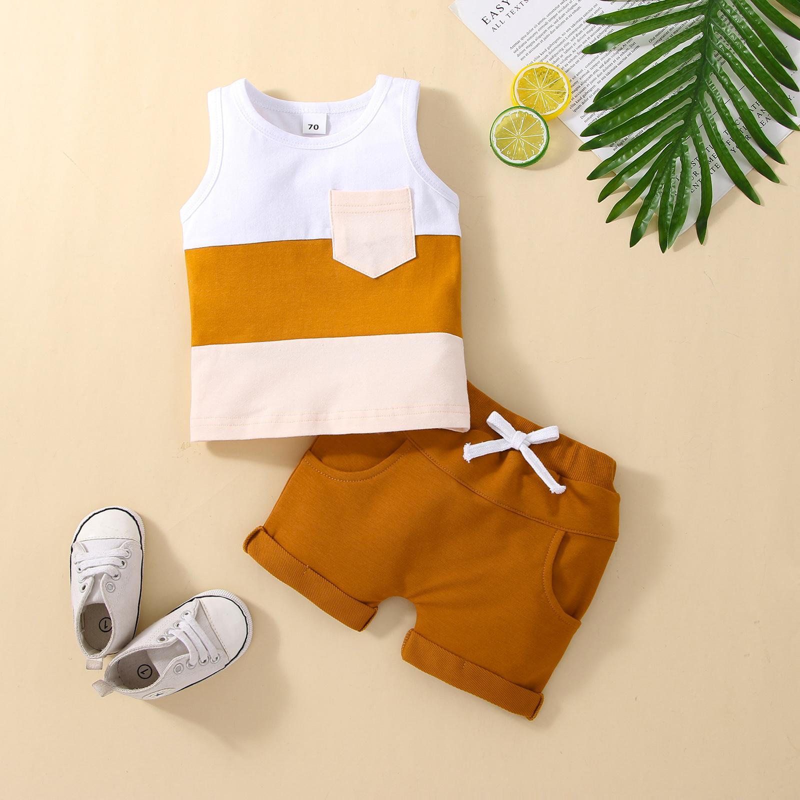 Toddler Baby Boy Summer Suit Waffle Knit Sleeveless Patchwork Crew Tank Tops White Straps Short Pants Beach Outfits Summer Clothes