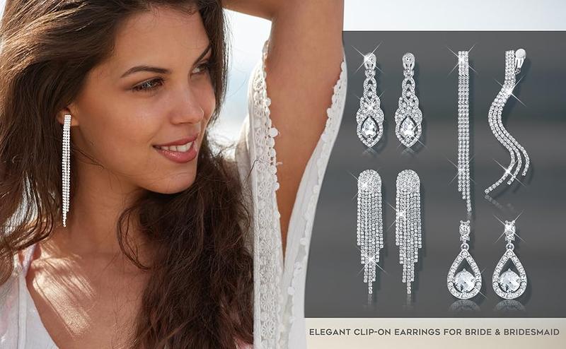 THUNARAZ 4 Pairs Sparkling Tassel Clip on Earrings for Women Non Pierced Rhinestone Chandelier Teardrop Dangle Earrings for Brides Bridesmaids Rhinestone Tassel Chandelier Teardrop Dangle Earrings for Christmas Gift