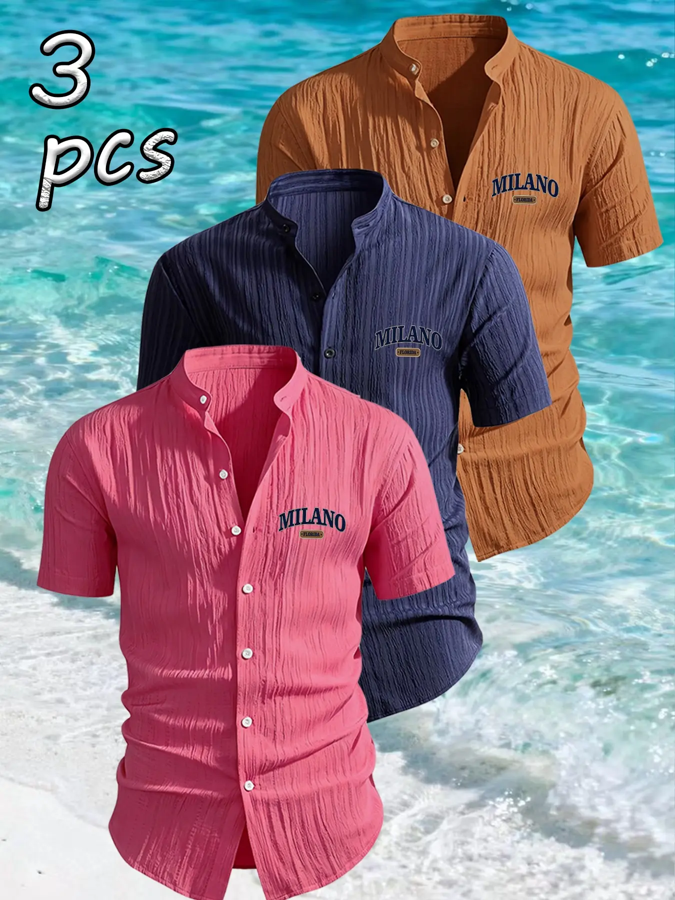 3-Pack Men's Summer Short Sleeve Shirts, Letter Print Design, Lightweight Breathable Solid Collar Button Shirt, Ideal for Beach Poolwear