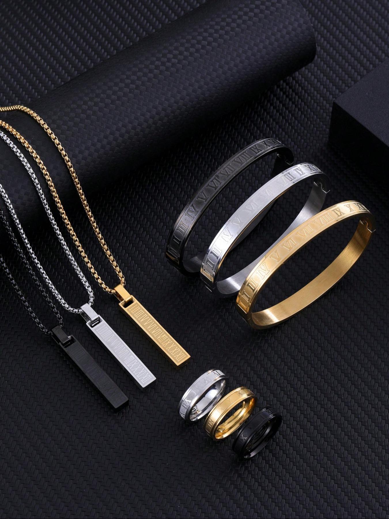 Men's Minimalist Temperament Stainless Steel Jewelry Set, Casual Trendy Letters Engraving Pendant Necklace & Bangle & Ring, Fashion Accessories for Daily Wear