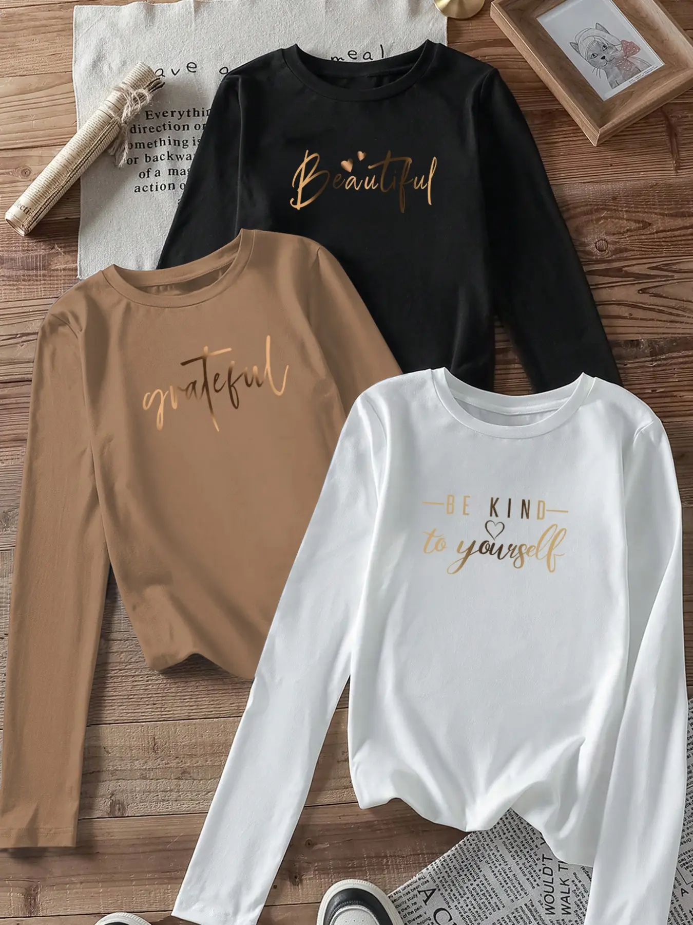3-Pack Beautiful Letter Print Round Neck T-Shirts, Fashion Comfortable Casual Long Sleeve, Fall Winter Top, Soft Fabric, All-Season Wear
