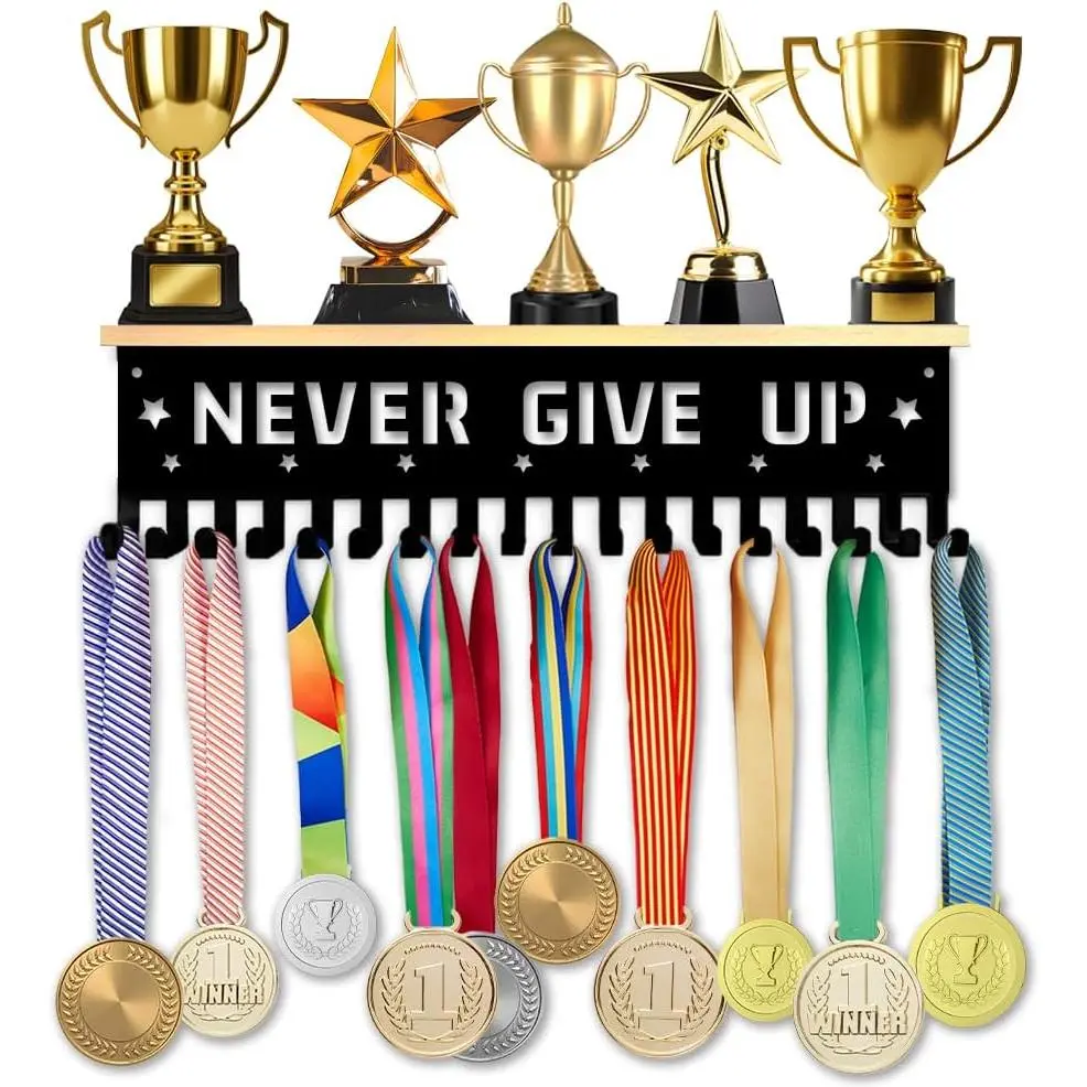 SUPERDANT Medals Hanger Display Wooden Trophy Shelf with Hooks Metal Holder Board Wall Mount Sports Medal Holder Ribbon Display Rack Athletes Gift