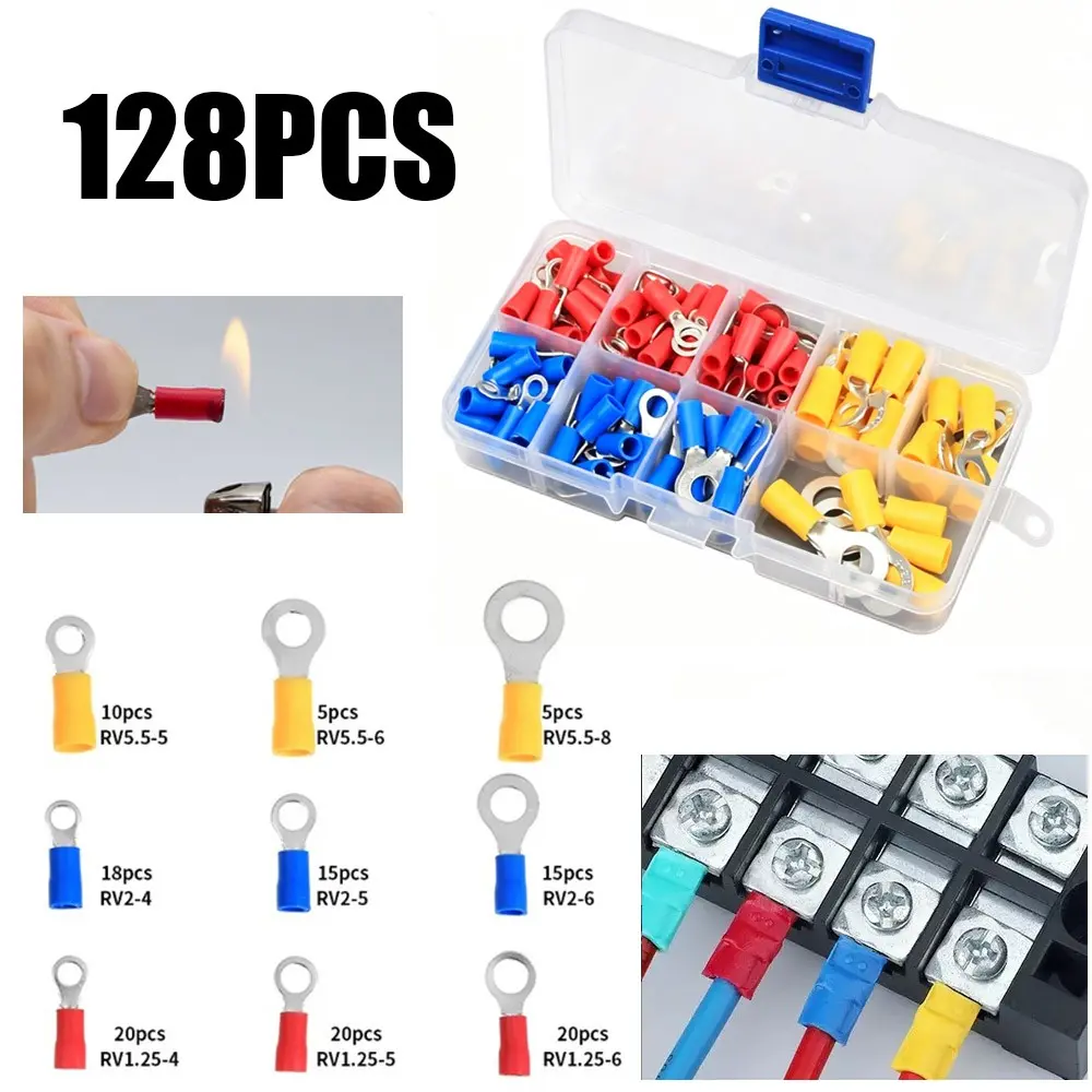 128pcs Mixed Ring Crimp Terminals, Wire Connector Kit Awg22-10, 0.5-6.0mm², Ideal for Electrical Wiring, Durable and Reliable Connections, Terminal Connectors, Crimping Terminals